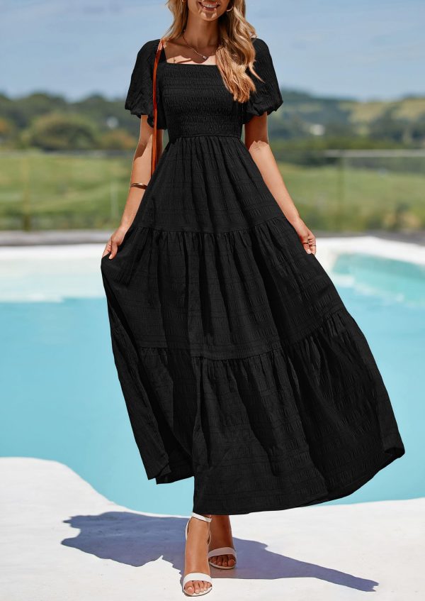 Womens Summer Puff Short Sleeve Maxi Dress Square Neck Smocked Tiered Ruffle A Line Long Flowy Beach Dresses