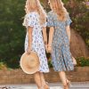 Women's Summer Dresses Midi Tiered Casual Dress Floral V Neck Ruffle Short Sleeve Flowy Beach Dress with Pockets
