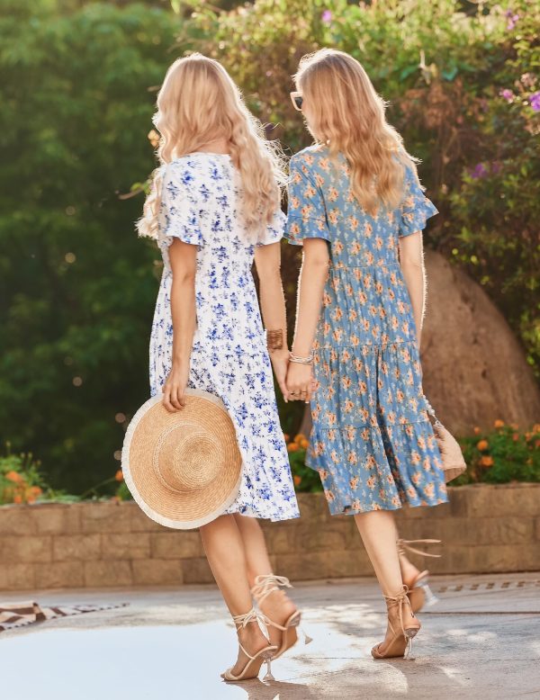 Women's Summer Dresses Midi Tiered Casual Dress Floral V Neck Ruffle Short Sleeve Flowy Beach Dress with Pockets