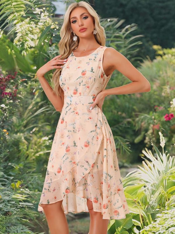 Women's Summer Dresses 2025 Wrap Ruffle High Low Hem Round Neck Keyhole Back Sleeveless Floral Dress