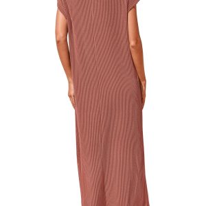 Womens Summer Dresses Ribbed Knit Henley Short Sleeve Maxi Dress Button Up Loose Slit Beach Vacation Sundress