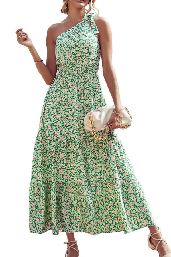 Women's Summer Floral One Shoulder Maxi Dress Knot Ruffle Boho Beach Vacation Wedding Guest Long Dresses