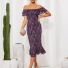 Women's Summer Floral Midi Dress Wedding Guest Party Dress Mermaid Bodycon Mesh Ruffle Dress