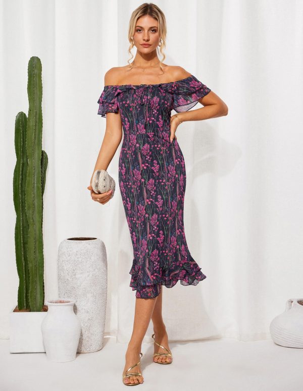 Women's Summer Floral Midi Dress Wedding Guest Party Dress Mermaid Bodycon Mesh Ruffle Dress