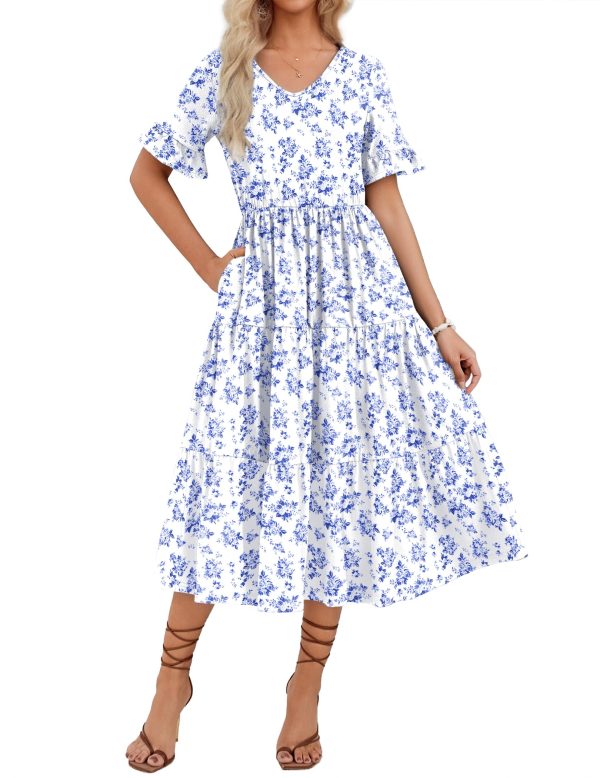 Women's Summer Dresses Midi Tiered Casual Dress Floral V Neck Ruffle Short Sleeve Flowy Beach Dress with Pockets