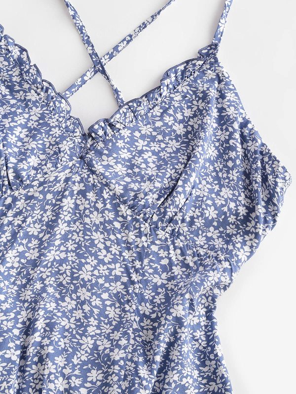 Women's Spaghetti Strap Ditsy Floral Mini Dress V-Neck Cross Back Ruched Frilled A-Line Dresses