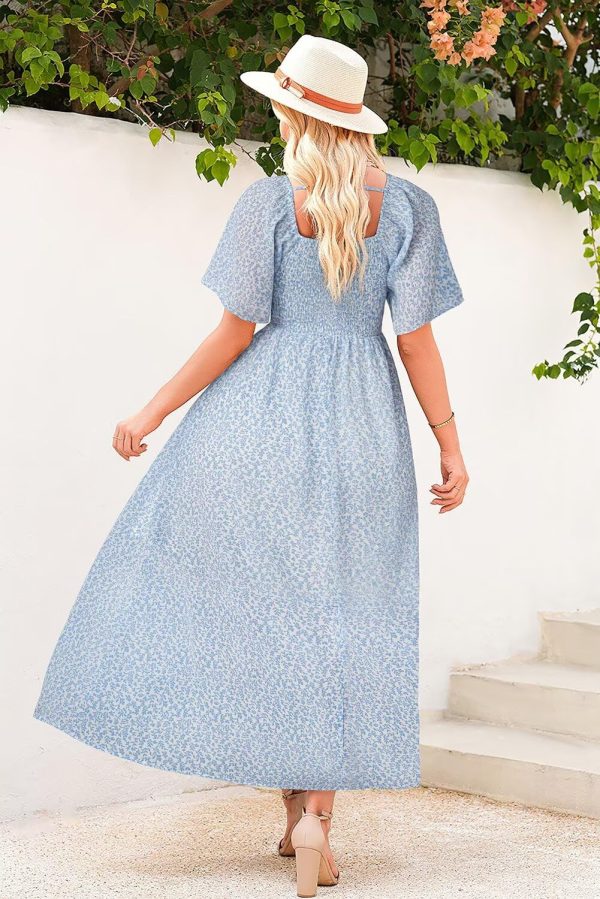 Womens Dresses 2025 Square Neck Tie Backless Summer Dresses Cap Sleeve Floral Buttoned Empire Waist Maxi Dress