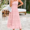 Women's Summer Dresses 2025 Sleeveless Smocked Tiered Ruffle Tulle A-Line Flowy Wedding Party Maxi Dress