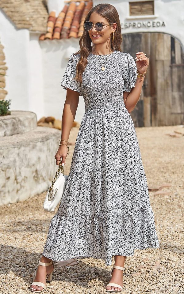 Women's 2025 Summer Casual Flutter Short Sleeve Boho Floral Maxi Dress Crew Neck Smocked Tiered Long Dresses