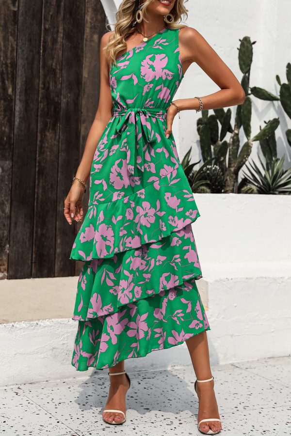 Women's Summer Floral Sundress Casual One Shoulder Tiered Ruffle Flowy Midi Beach Boho Dresses