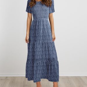 Women Casual Short Sleeve Crew Neck Summer Dress Bohemian Floral Printed Flowy Maxi Dresses Tiered Cocktail Dress