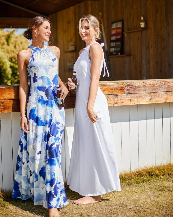 Women's Summer 2025 Maxi Dress Floral Halter Neck Sexy Party Wedding Guest Long Formal Dress