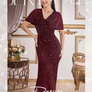 Women Sequin Formal Party Dress Cocktail Evening Gown Wedding Dresses with Shawl