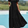 Womens Summer Puff Short Sleeve Maxi Dress Square Neck Smocked Tiered Ruffle A Line Long Flowy Beach Dresses