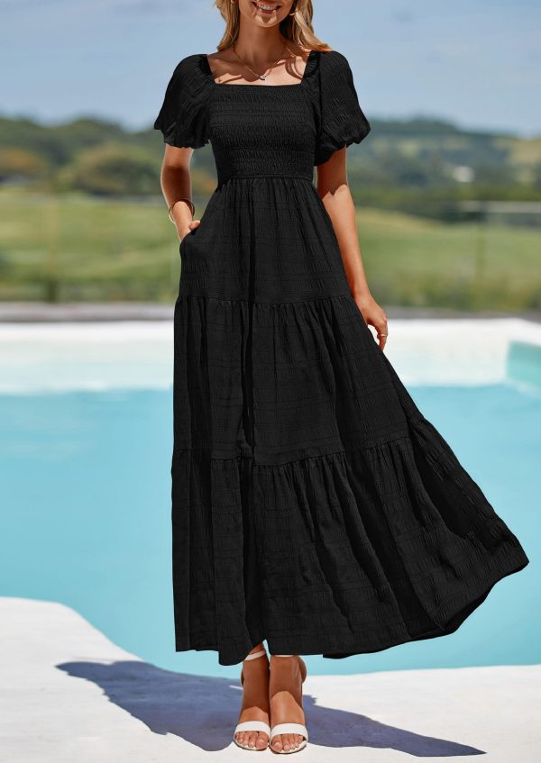 Womens Summer Puff Short Sleeve Maxi Dress Square Neck Smocked Tiered Ruffle A Line Long Flowy Beach Dresses