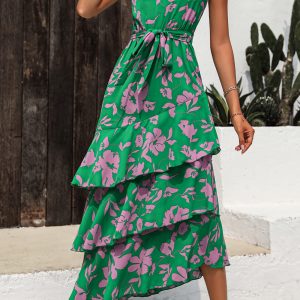 Women's Summer Floral Sundress Casual One Shoulder Tiered Ruffle Flowy Midi Beach Boho Dresses