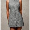 Women's Plaid Button Down Dress Crew Neck Sleeveless Tie Back Work Office Mini Dresses