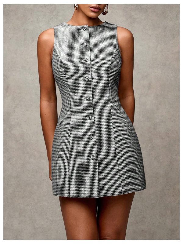 Women's Plaid Button Down Dress Crew Neck Sleeveless Tie Back Work Office Mini Dresses