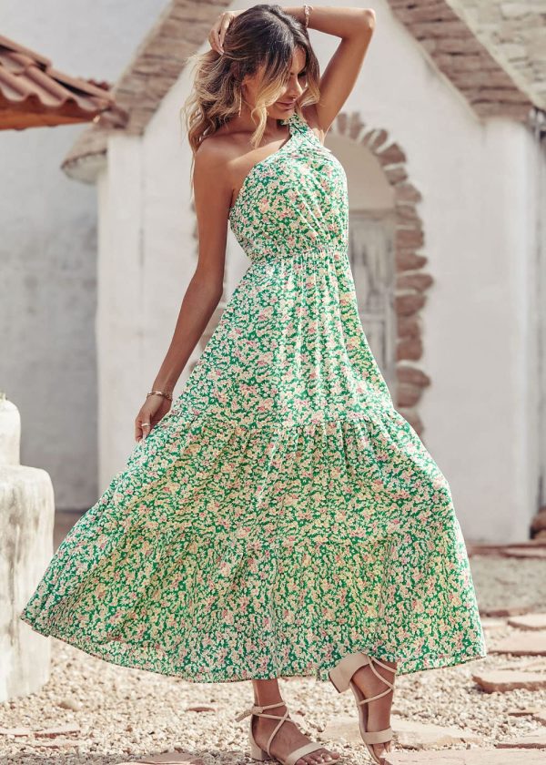 Women's Summer Floral One Shoulder Maxi Dress Knot Ruffle Boho Beach Vacation Wedding Guest Long Dresses