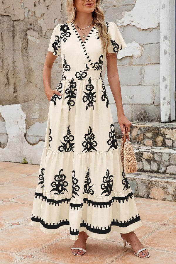 81ZYPo2WBML.jpg Womens 2025 Summer Casual V Neck Boho Maxi Dress Flowy Aline Bell Sleeve Tiered Floral Dresses with Pocket