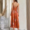 Women Spaghetti Strap Midi Satin Dresses Tie Front Backless Split Hollow Dress
