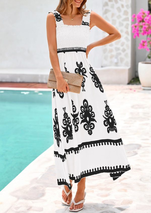 Womens Summer Boho Maxi Dress 2025 Casual Sleeveless Square Neck Floral Aline Smocked Beach Dresses with Pockets