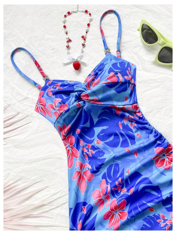 Women's Summer Tropical Twist Front Ruched Ruffle Hem Bodycon Cami Dress