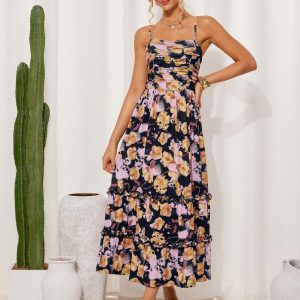 2025 Women's Summer Floral Maxi Dress Casual Sleeveless Ruffle Tiered Wedding Guest Flowy Dresses with Pockets