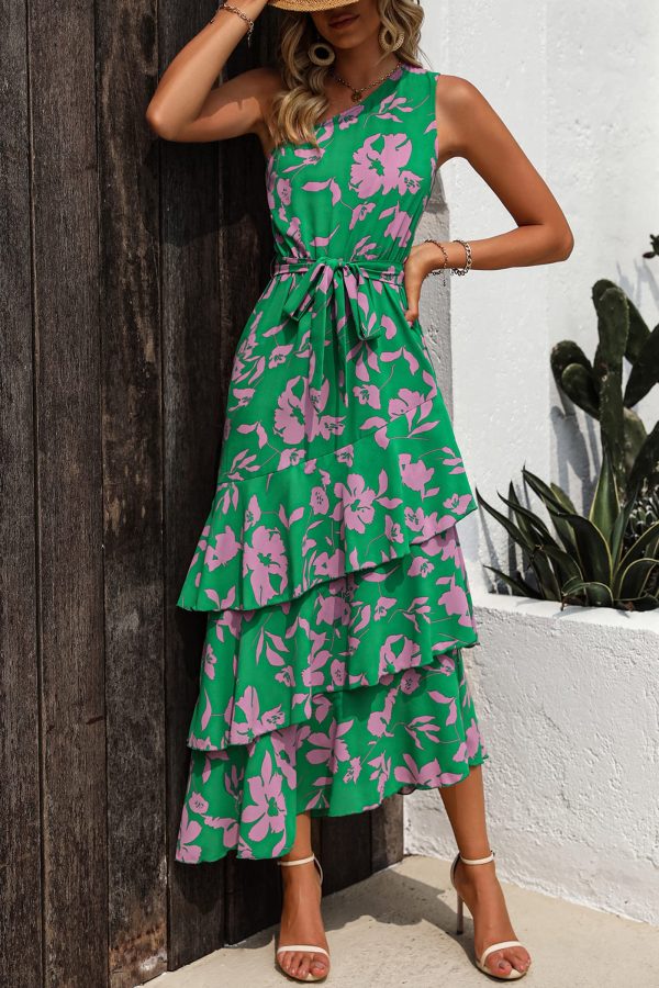 Women's Summer Floral Sundress Casual One Shoulder Tiered Ruffle Flowy Midi Beach Boho Dresses