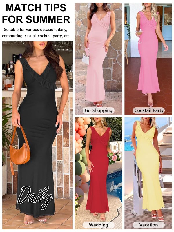 Women Sexy Sleeveless V-Neck Ruffle Backless Summer Dresses Long Formal Dress for Women Cocktail Party Prom Dress