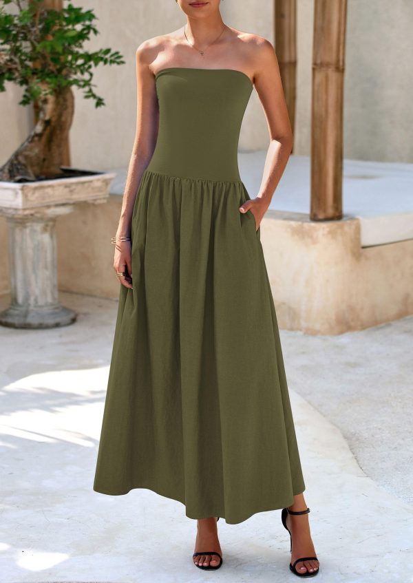 81efGcKBDEL.jpg Women's 2025 Spring Strapless Maxi Dresses Patchwork Long Flowy Pockets Elegant Going Out Summer Tube Top Dress