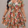Women's Plus Size Wrap V Neck Short Sleeve Ruffle Hem A Line Short Dress