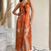 Women Spaghetti Strap Midi Satin Dresses Tie Front Backless Split Hollow Dress