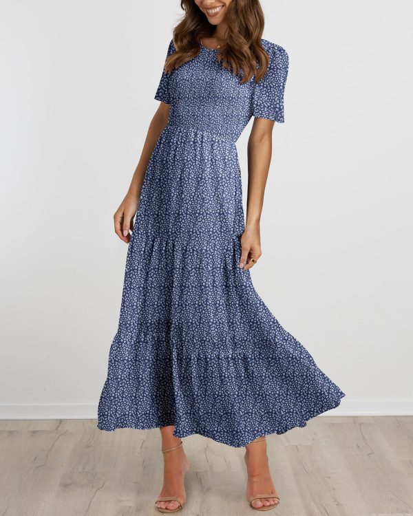 81k2dda52nL.jpg Women Casual Short Sleeve Crew Neck Summer Dress Bohemian Floral Printed Flowy Maxi Dresses Tiered Cocktail Dress