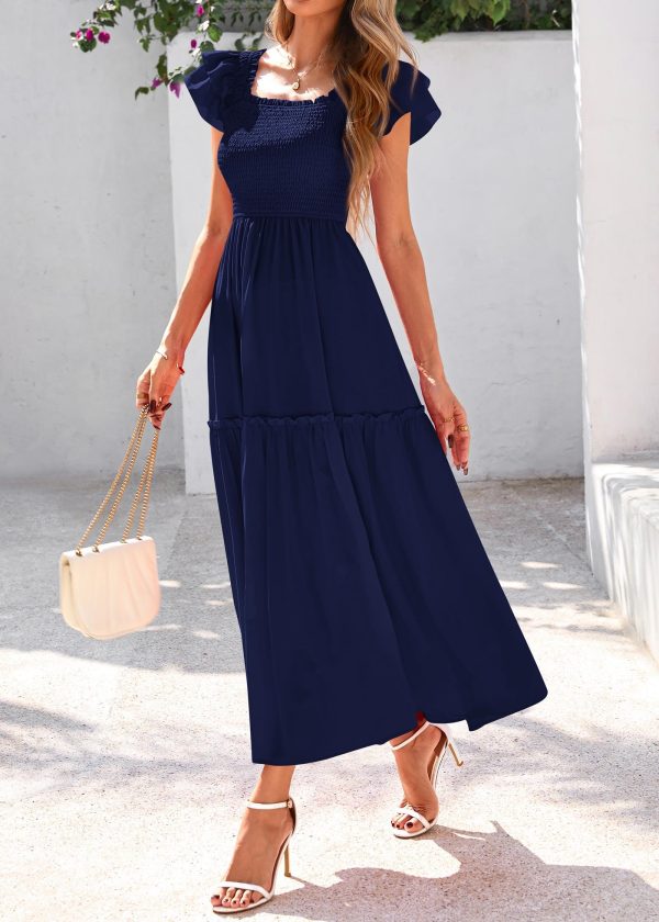 Smocked Summer Dresses for Women 2025 Wedding Guest Midi Flowy Ruffle Short Sleeve Square Neck Tiered Sundress