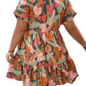 Women's Plus Size Wrap V Neck Short Sleeve Ruffle Hem A Line Short Dress