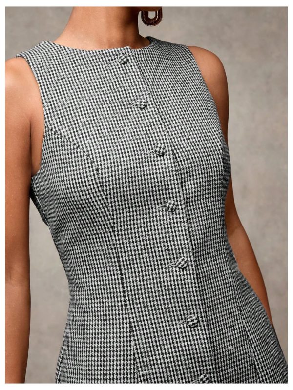 Women's Plaid Button Down Dress Crew Neck Sleeveless Tie Back Work Office Mini Dresses