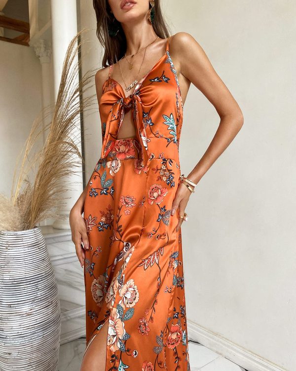 81nsjqlPN5L.jpg Women Spaghetti Strap Midi Satin Dresses Tie Front Backless Split Hollow Dress