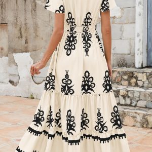 Womens 2025 Summer Casual V Neck Boho Maxi Dress Flowy Aline Bell Sleeve Tiered Floral Dresses with Pocket