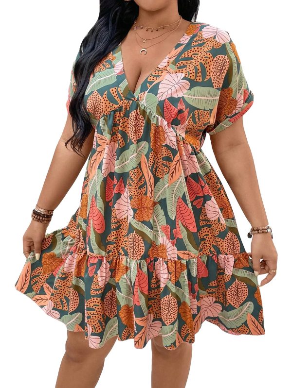 81poxowgk0L.jpg Women's Plus Size Wrap V Neck Short Sleeve Ruffle Hem A Line Short Dress