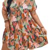 Women's Plus Size Wrap V Neck Short Sleeve Ruffle Hem A Line Short Dress