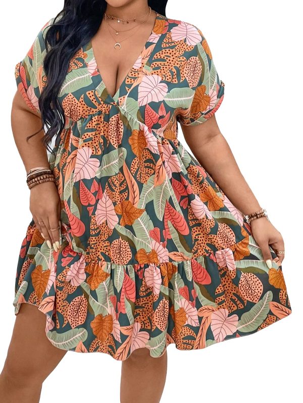 81qCzsPpG2L.jpg Women's Plus Size Wrap V Neck Short Sleeve Ruffle Hem A Line Short Dress