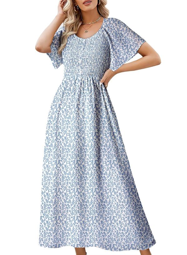 Womens Dresses 2025 Square Neck Tie Backless Summer Dresses Cap Sleeve Floral Buttoned Empire Waist Maxi Dress