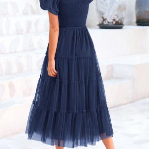 Women's Smocked Tulle Midi Dress 2025 Summer Square Neck Puffy Short Sleeve Ruffle Wedding Guest Party Dresses