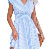 Women's Mini Dress V Neck Flutter Sleeve Striped Smocked Waist A Line Short Summer Cocktail Dress