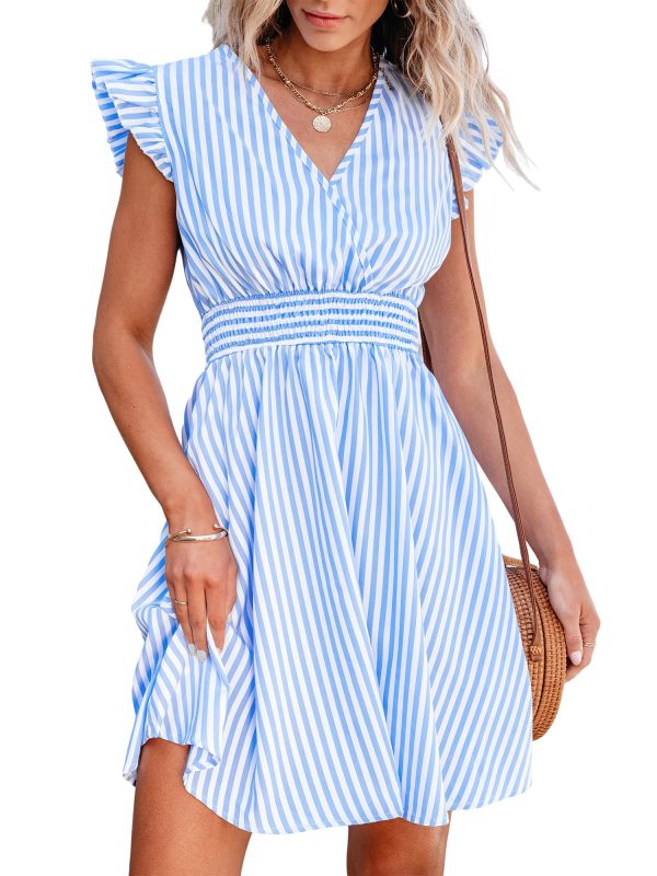 81rm33cNu9L.jpg Women's Mini Dress V Neck Flutter Sleeve Striped Smocked Waist A Line Short Summer Cocktail Dress