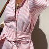 Womens 2025 Shirt Dress Casual Lapel 3/4 Sleeve Button Down Split Belted Vacation Maxi Dress