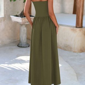 Women's 2025 Spring Strapless Maxi Dresses Patchwork Long Flowy Pockets Elegant Going Out Summer Tube Top Dress