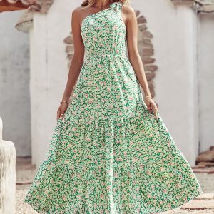 Women's Summer Floral One Shoulder Maxi Dress Knot Ruffle Boho Beach Vacation Wedding Guest Long Dresses