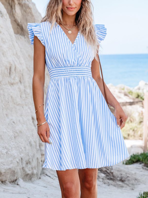 81v9kINrIlL.jpg Women's Mini Dress V Neck Flutter Sleeve Striped Smocked Waist A Line Short Summer Cocktail Dress